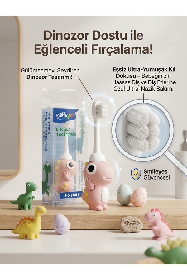 Smile yes 1-5 Yaş Ultra Soft Çocuk Diş Fırçası Dinozor Serisi Pembe
