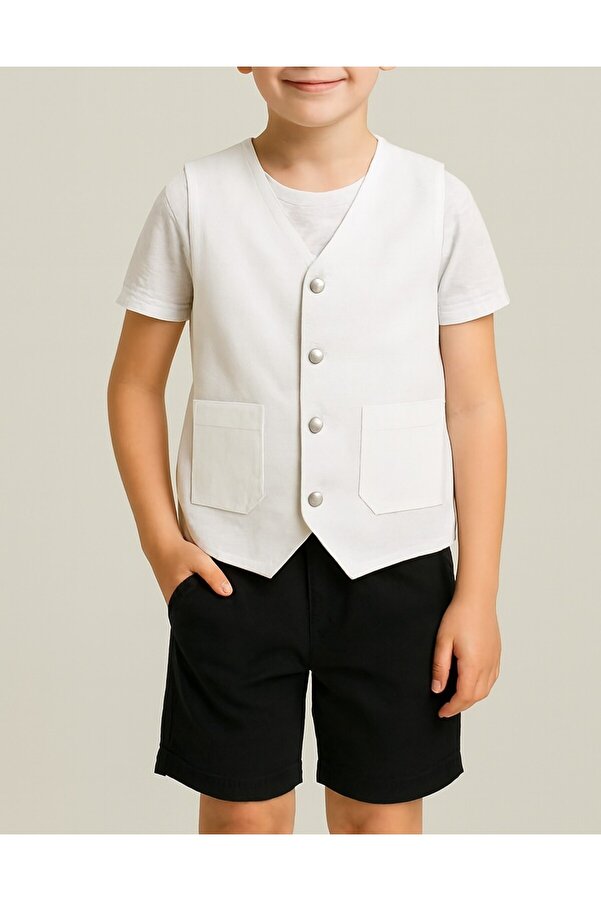 shop Erkek çocuk 2 li kombin yelek şort beli lastikli çıt çıt kapatmalı