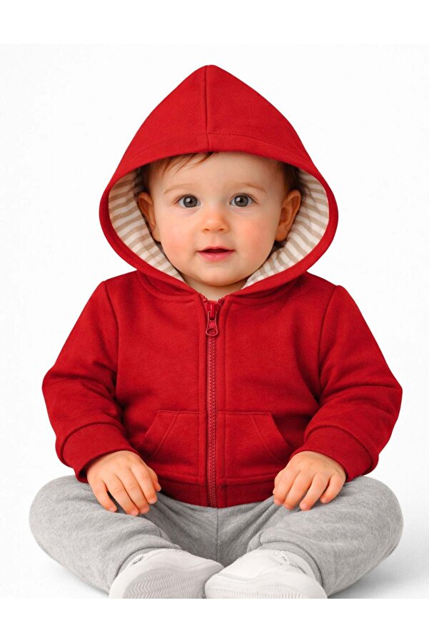 OrganicKid Basic Bebek Kırmızı Kapüşonlu Sweatshirt