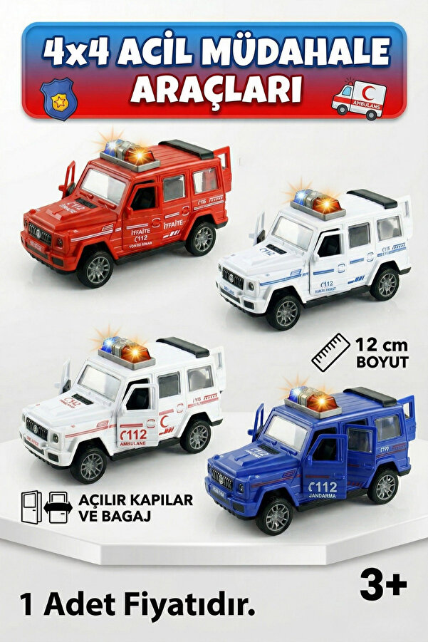 craftivio 4x4 Acil Müdahale Araçları - Çek Bırak Oyuncak Araba - Polis Jandarma İtfaiye Ambulans