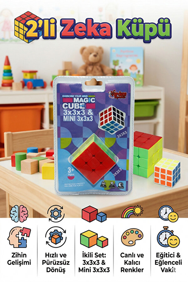 craftivio 2'li Zeka Küpü Seti - Standart 3x3x3 & Mini 3x3x3 - Hızlı Dönen Etiketsiz Eğitici Akıl Oyuncağı
