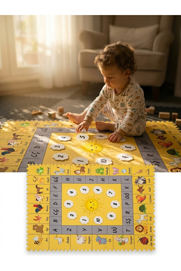BEYLİNİ 15 Parça Puzzle Oyun Halısı Yapboz Karo Eva Sünger Sayılar Hayvanlar Alfabe Eğitim Matı 90x150 CM