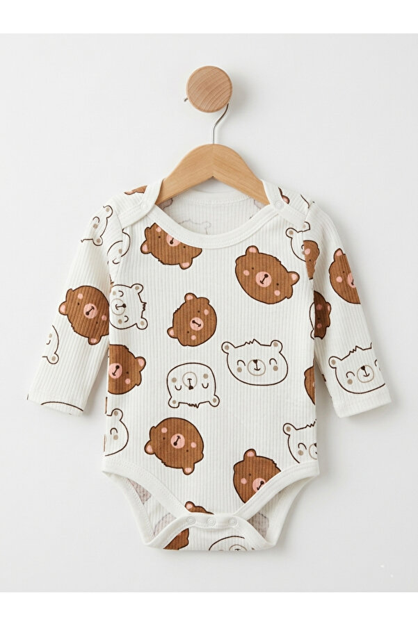 OREVİA Unisex Bebek Ayıcık Desenli %100 Pamuklu Uzun Kollu Body Zıbın