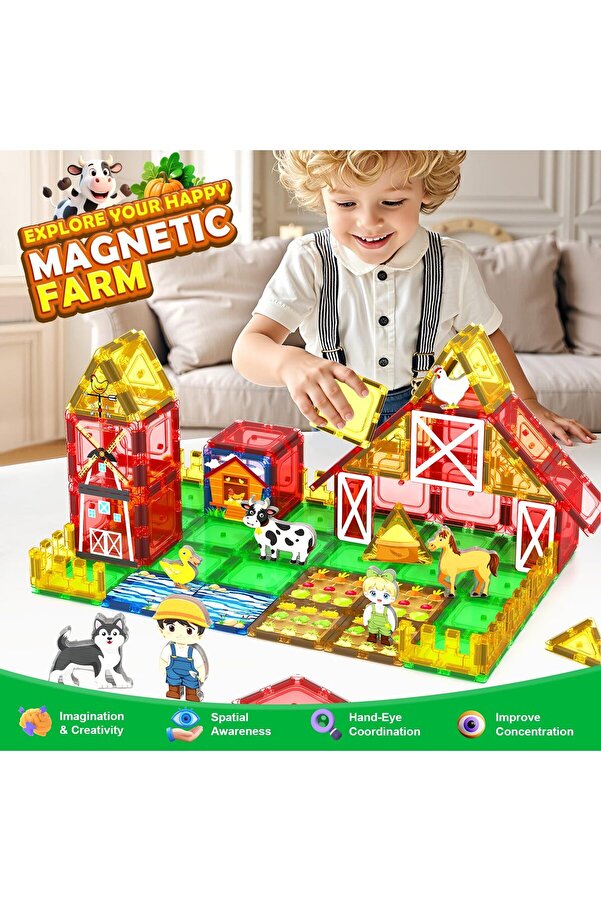 Pufline Manyetik Farms Yapı Blokları Tam 70 Parça Mıknatıslı Renkli Hayvanlar Çiftliği