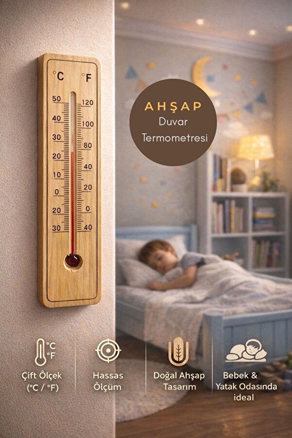 MorBebe Ahşap Oda Termometresi | Bebek ve Çocuk Odası | Duvar Tipi Hassas Isı Ölçer | °C / °F Çift Ölçekli