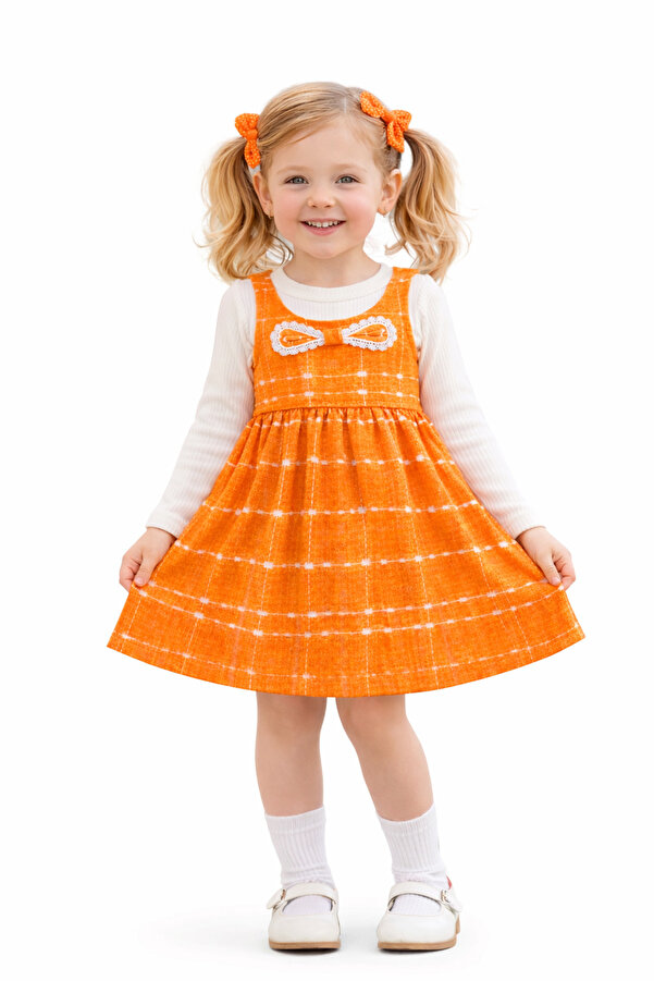 Kuzucuk Kids Bebek Çocuk Butik Kız Çocuk Tüvit Jile Elbise Bluzlu Takım Turuncu Şık