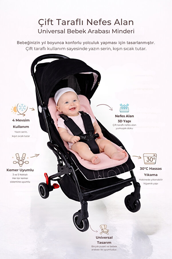 ubeybi Çift Taraflı Bebek Arabası Minderi - 3D Nefes Alan Pamuklu Oto Koltuğu ve Puset Şiltesi