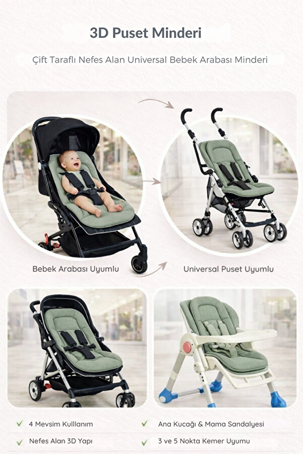 ubeybi 4 Mevsim Puset Minderi 3d - %100 Pamuklu - Haki Renk