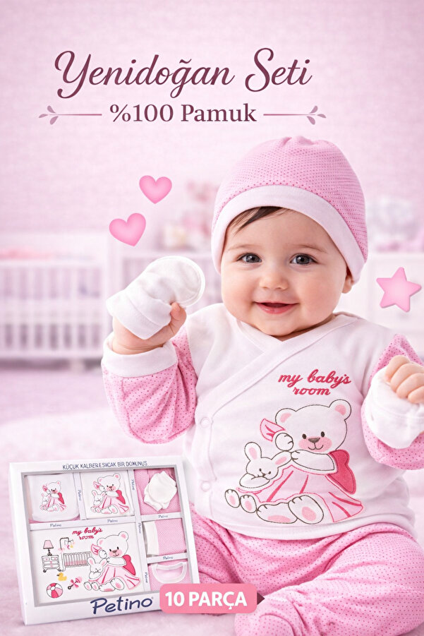 Petino Çok Amaçlı 10 Parça Ayı Nakışlı Pembe Yenidoğan Hastane Çıkışı – %100 Pamuk Yumuşak Kumaş Yeni Sezon
