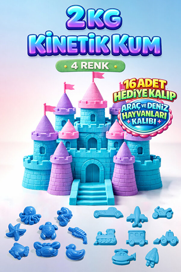 Heroes 4 Farklı Renk Kinetik Kum 2 Kg - Akışkan Eğitici Kinetik Oyun Kumu - 8'li Oyun Kalıbı Hediye 4x500gr