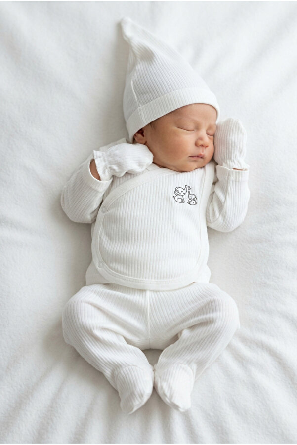 bebeqon 5 Parça %100 Pamuk Bebek Hastane Çıkış Seti Kruvaze Üst Alt Eldiven Şapka Ve Önlük Takımı Beyaz