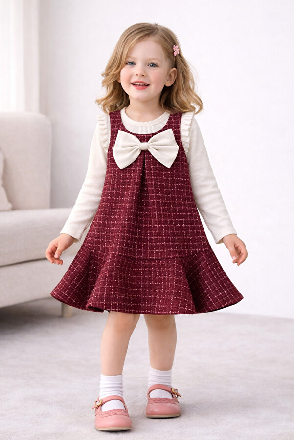 Kuzucuk Kids Bebek Çocuk Butik Kız Çocuk Bayramlık Bordo Tüvit Jile Elbise Bluz Takım Bol kalıp