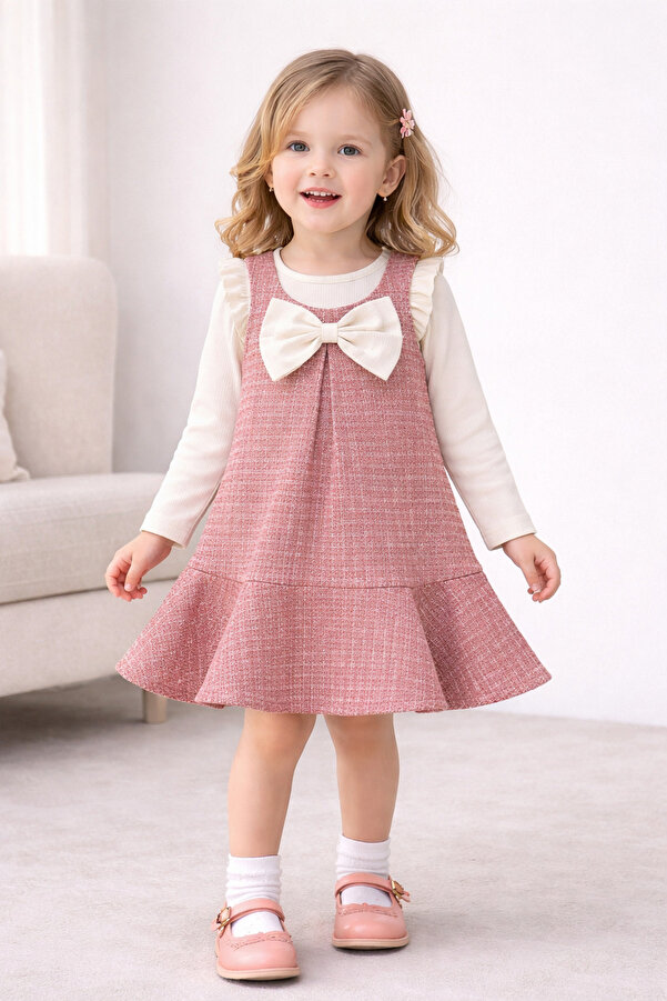 Kuzucuk Kids Bebek Çocuk Butik kız Çocuk Bayramlık Pembe Tüvit Jile Elbise Bluz Takım Bol Kalıp