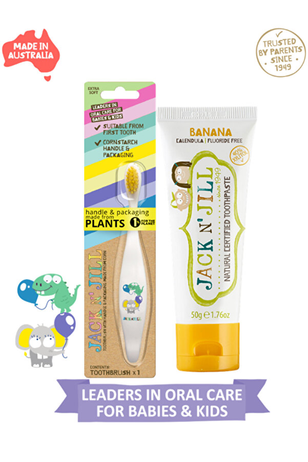 Jack N'Jill Jack N Jill Bebek Diş Fırçalama Seti (Fil&Dino Diş Fırçası + Muz Aromalı Macun 50g)