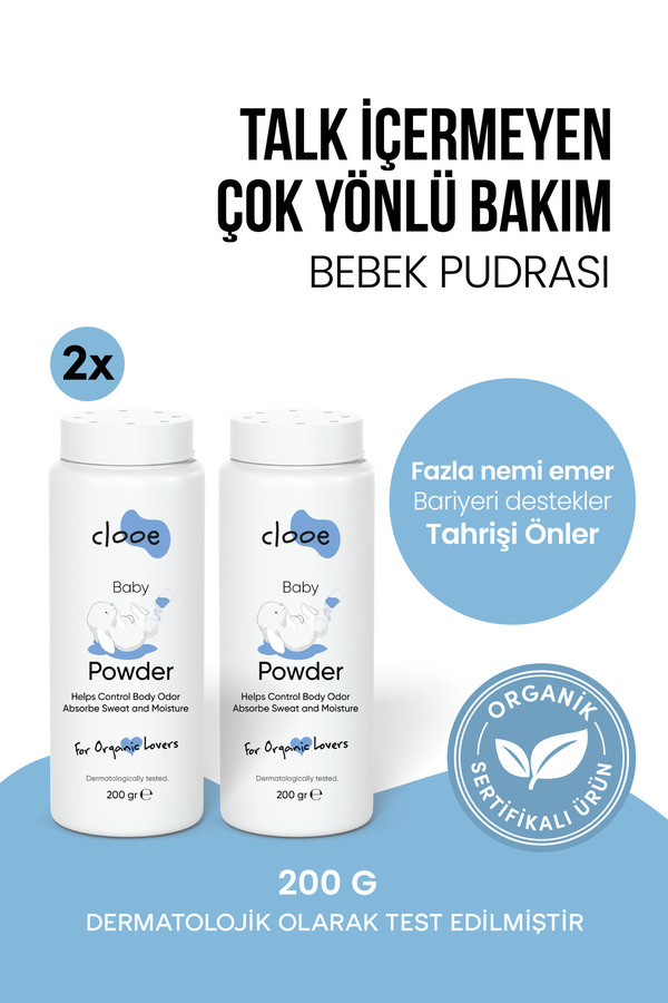 clooe Organik Bebek Pudrası (200gr) Ferahlatıcı Etki Hassas Ciltlere Özel Talk İçermez 2’li Fırsat Paketi