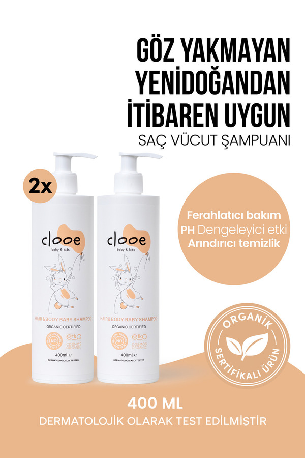 clooe Organik Bebek & Çocuk Saç, Vücut Şampuanı (400ML) Gül Suyu ve Kekik Özlü Vegan Formül 2'li Set