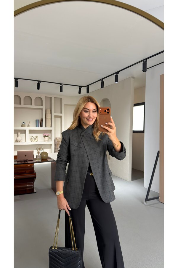 Sezgi Tekin Single Button Detail Notched Collar Plaid Anthracite Blazer Jacket