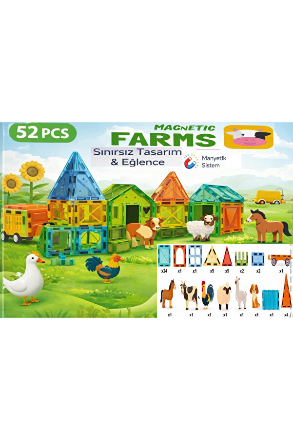 SİNKA Manyetik Yapı Blokları Hayvanlar Çiftlik 3D Renkli Mıknatıslı 52 Parça Manyetik Blok Eğitici Oyunset