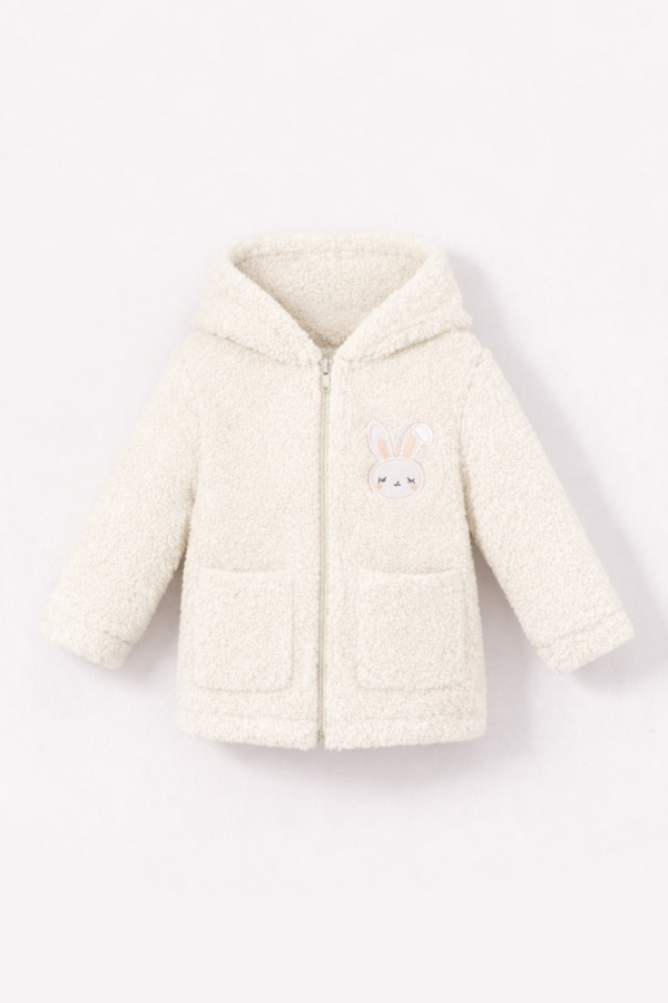 Bubito Tavşan Nakışlı Fermuarlı Cepli Kız Bebek Peluş Welsoft Kışlık Hırka-Beyaz