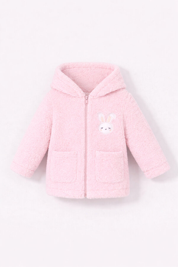 Bubito Tavşan Nakışlı Fermuarlı Cepli Kız Bebek Peluş Welsoft Kışlık Hırka-Pembe