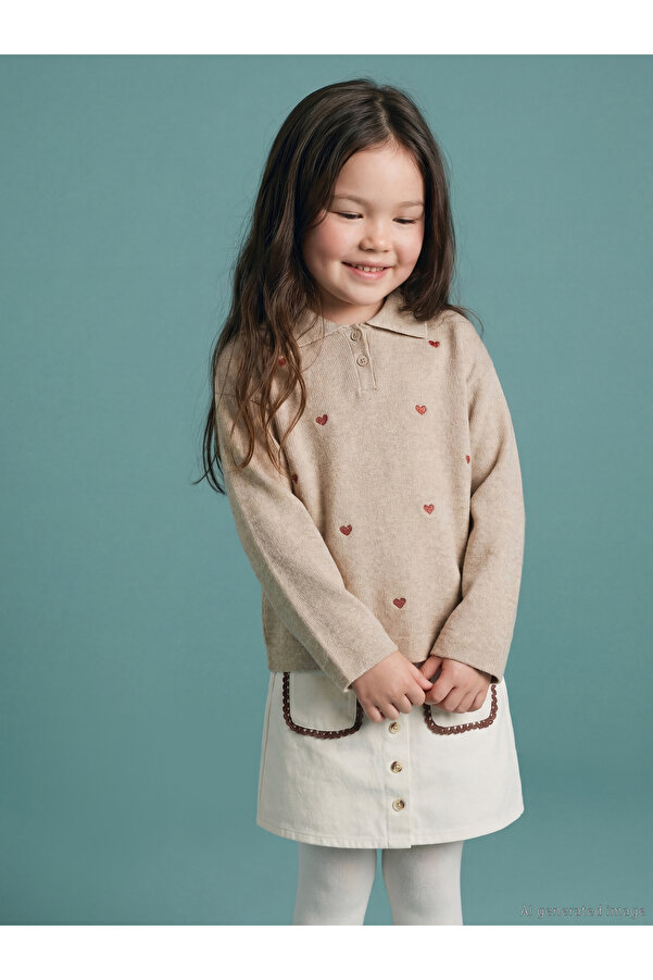 LC Waikiki Bej Polo Yaka Kalp Nakışlı Kız Çocuk Triko Kazak
