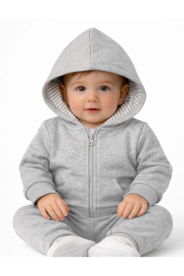 OrganicKid Basic Bebek Gri Kapüşonlu Sweatshirt