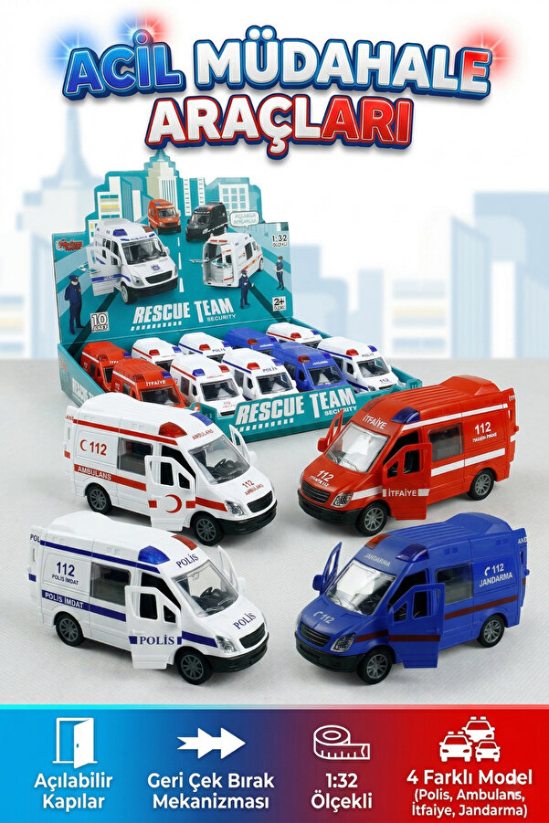 craftivio Acil Müdahale Araçları - Polis, Ambulans, İtfaiye, Jandarma Minibüs - Geri Çek, Kapıları Açılır