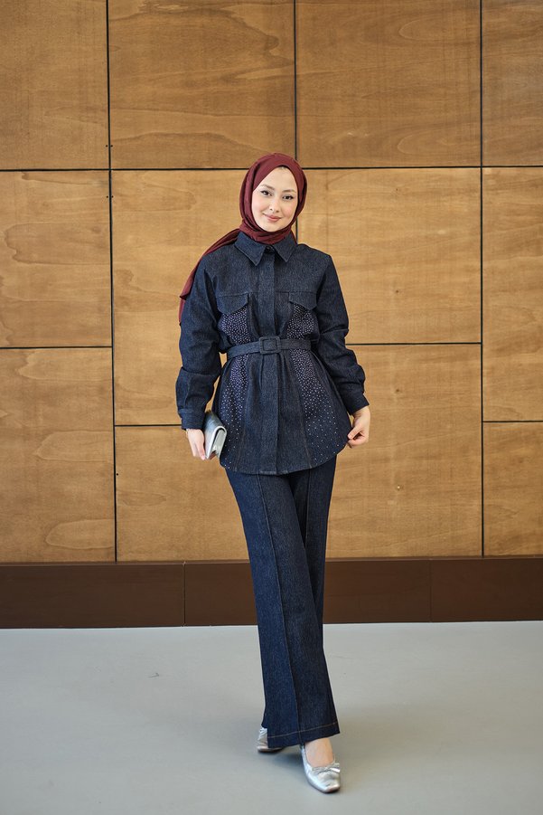 LOCCO Women's Stone Detailed Shirt Collar Belted Jeans Set Navy Blue