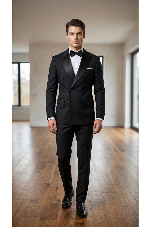 THE ROBUS Men's Double-Breasted Collar Slim Fit Lycra Groom Suit