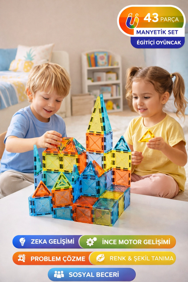 TOYFEST 43 Parça Manyetik Blok Seti – Eğitici Zeka Oyunu, Renkli 3D Yapı Oyuncağı 3+ Yaş I 5.5 cm