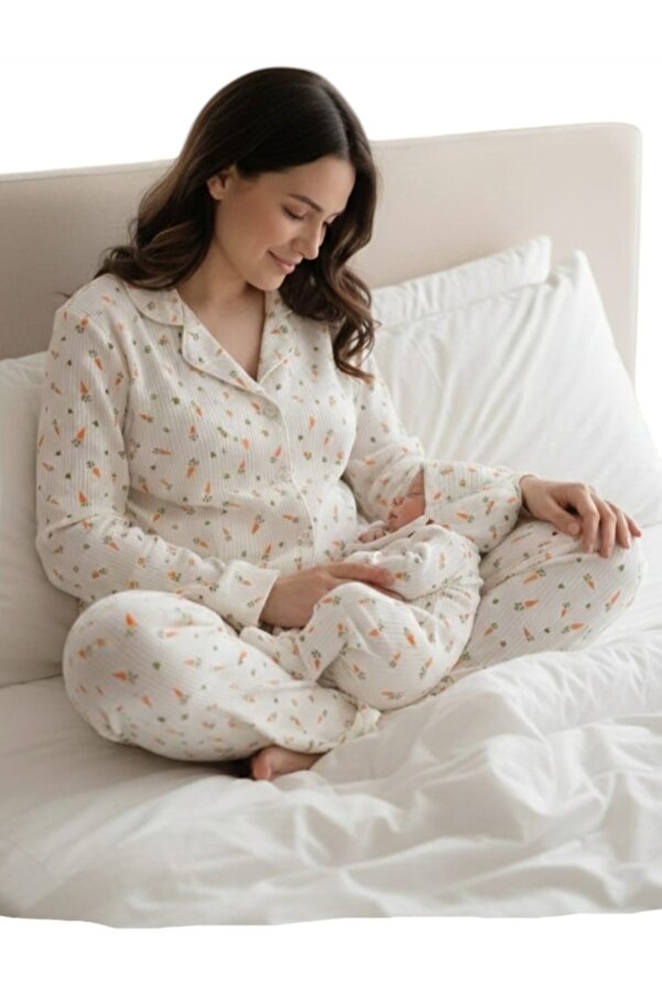BEGONYA BEBECE KIDS Anne bebek pijama takimi yeni doğan bebek ve anne pijama seti havuç desenli