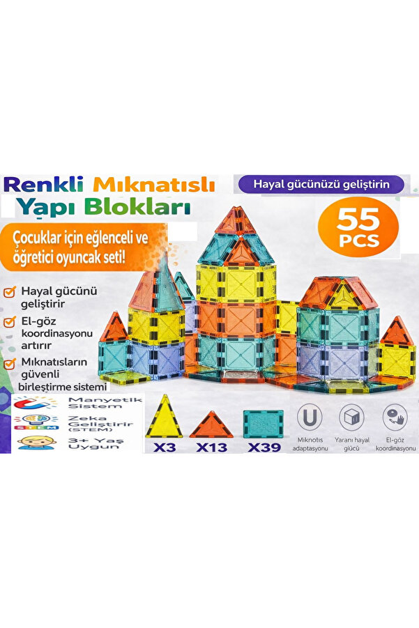 SİNKA Manyetik Yapı Blokları 3D Renkli Mıknatıslı 55 Parça Manyetik Blok Eğitici Oyun Seti Metal Kutu
