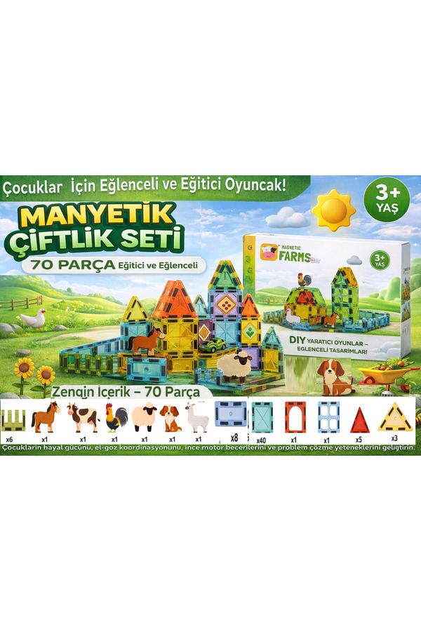 SİNKA Manyetik Yapı Blokları Hayvanlar Çiftlik 3D Renkli Mıknatıslı 70 Parça Manyetik Blok Eğitici Oyunset