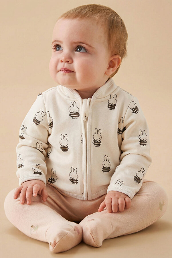 Lilabio Fermuarlı Bisiklet Yaka Uzun Kol Miffy Desenli Unisex Bebek Hırka