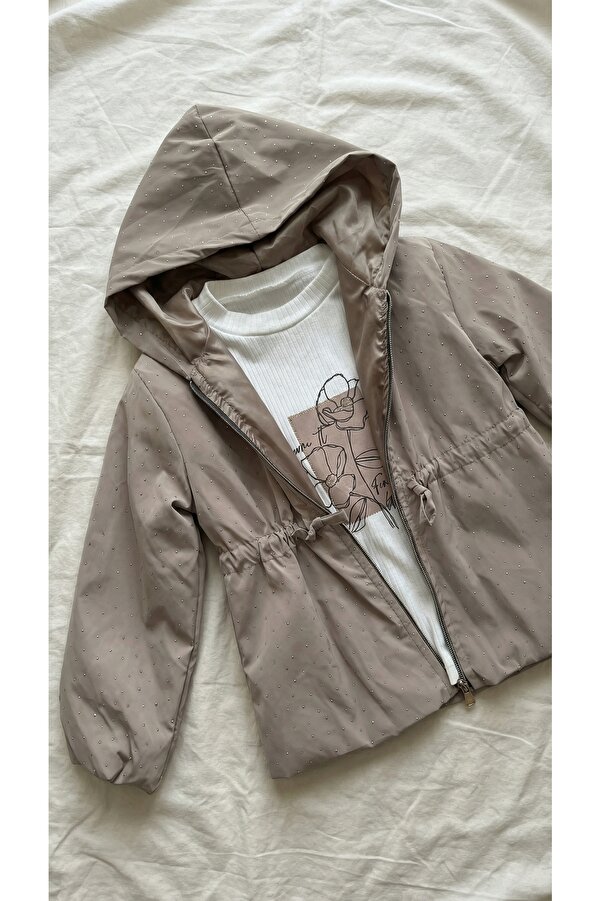 Sabi Kız Çocuk Taş İşlemeli Kapüşonlu Astarlı Yağmurluklu Üçlü Takım Set