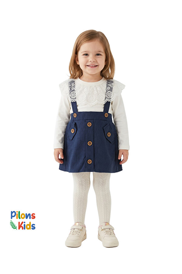 Pilons Kids Kız Çocuk %100 Pamuk Dantel Yakalı Penye ve Keten Jile Etek Takımı