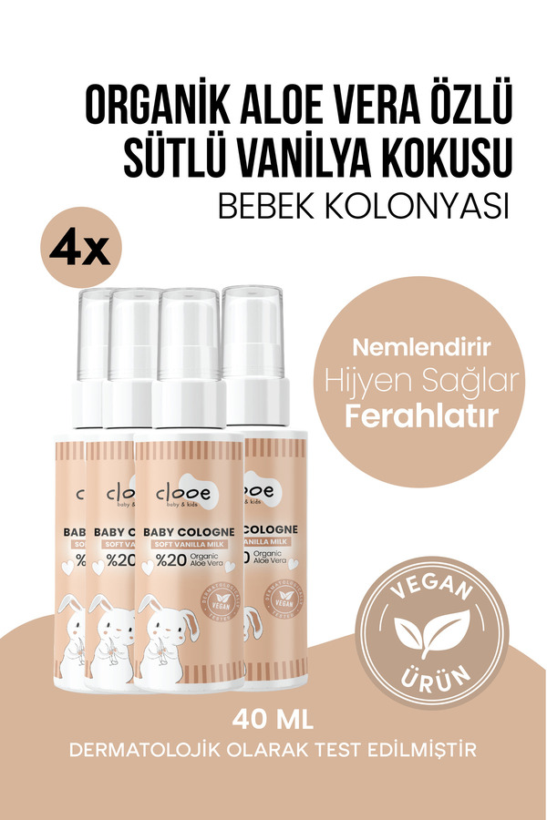 clooe Vegan Organik Aloe Vera Özlü Nemlendirici Yatıştırıcı Vanilya Sütlü Bebek Kolonyası 4'lü Avantaj Set