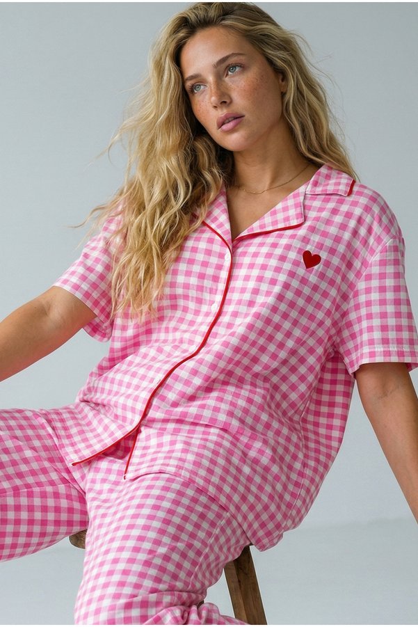 Siyah İnci Pink Plaid Check Embroidered Buttoned Ribbed Thin Soft Knitted Pajama Set 8001