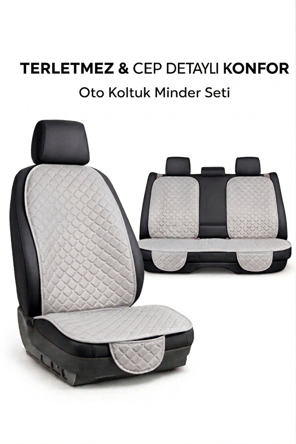 Ecarteks Terletmez Cepli Oto Koltuk Minder Seti Kolay Montaj Universal Koruyucu Kılıf Kumaş Açık Gri