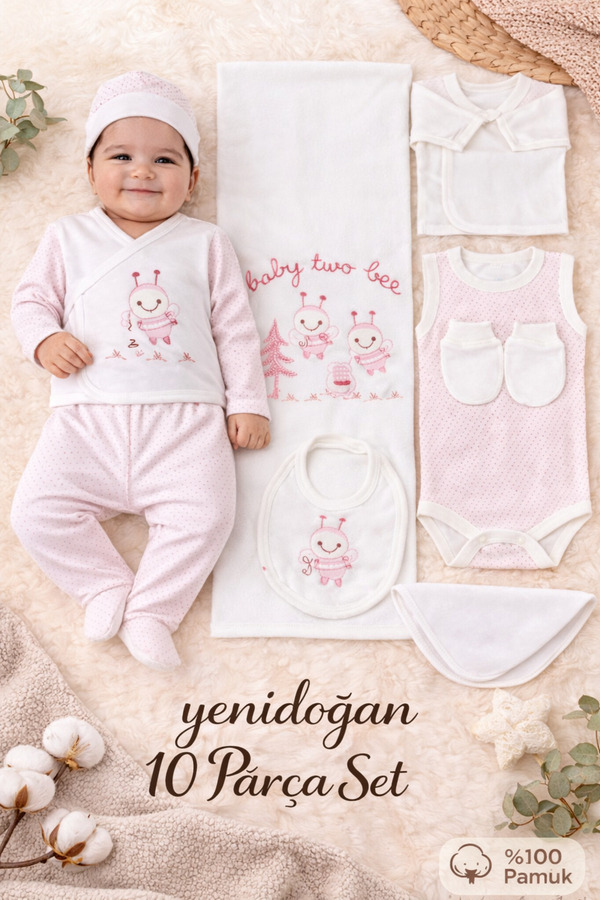 Petino Yenidoğan Arılı Kız Bebek Hastane Çıkış Seti 10 Parça – Pembe
