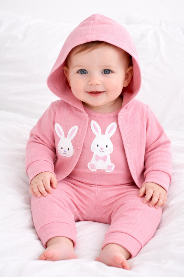 VERONA TARZ Kız Erkek Bebek 3lü Hırkalı Kapşonlu Takım Tavşan Nakışlı Yenidoğan Kıyafeti Pamuklu