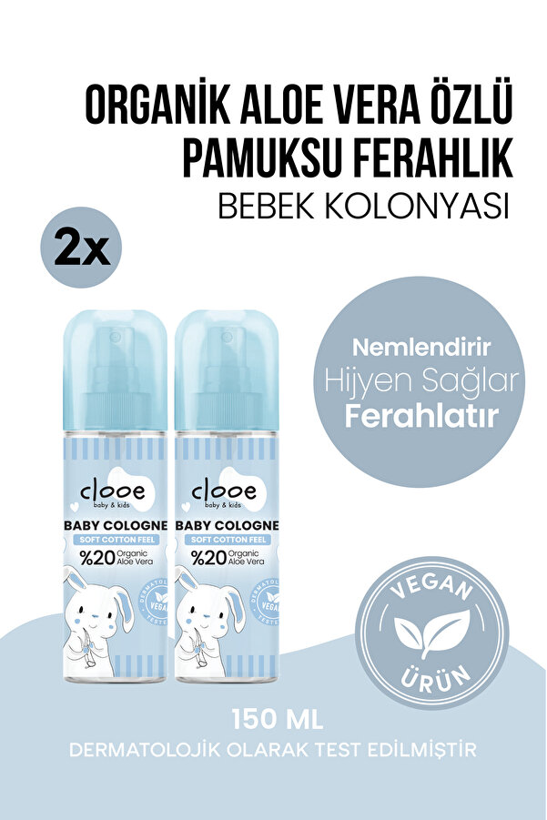 clooe Vegan Organik Aloe Vera Özlü Yatıştırıcı Nemlendirici Pamuksu Bebek Kolonyası 2'li Avantajlı Seti