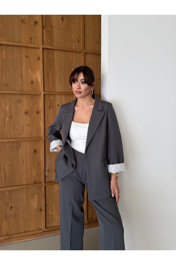 HOEK Women's Navy Blue Folded Sleeve Laser Jacket Palazzo Trousers Suit