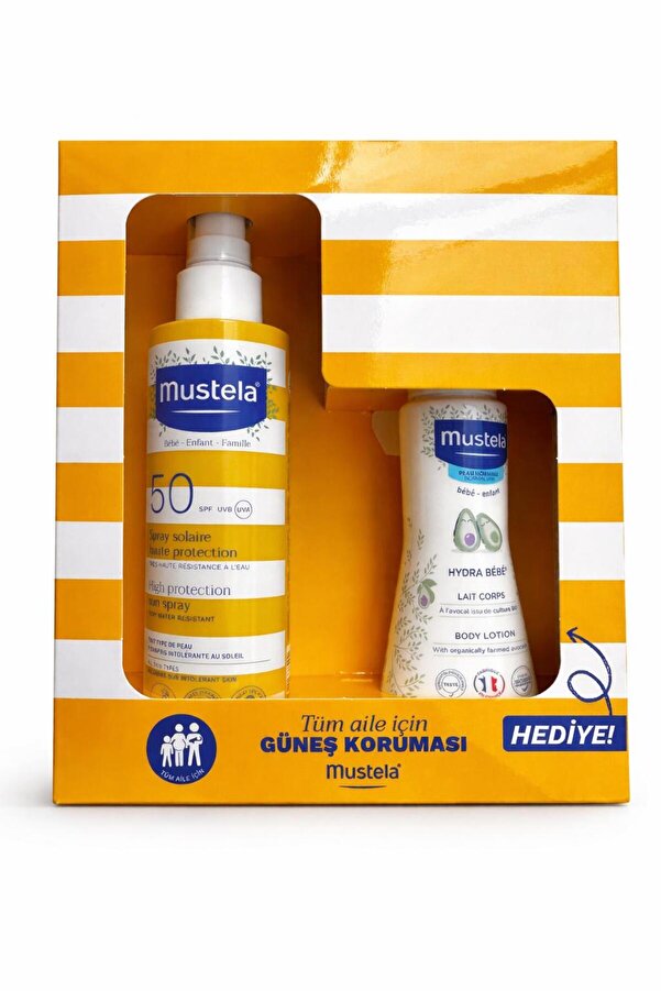 Mustela güneş losyon sprey 200 ml spf 50+ 100 ml hydra bebe hediyeli 2026 kofre