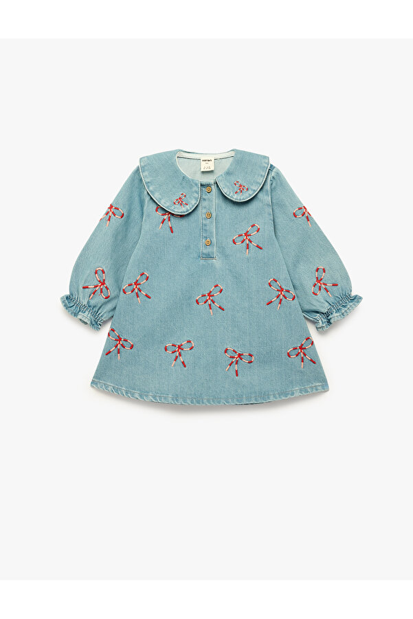 Koton Pamuklu Uzun Kollu Bebe Yaka Fiyonk Nakışlı Denim Elbise