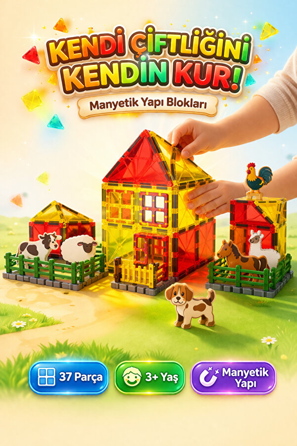 DENAPCAL Manyetik Bloklar 37 Parça Çiftlik Temalı Mıknatıslı Yapı Blokları 3+ Yaş Eğitici Oyuncak