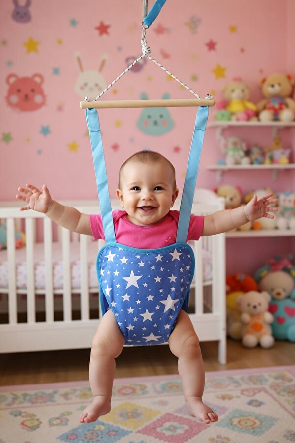 Bundeba Çocuk Hoppala Zıp Zıp Bebek Salıncağı ve Hoppala Yaylı Salıncak Zıpzıp Yürüteç Mavi Yıldızlı