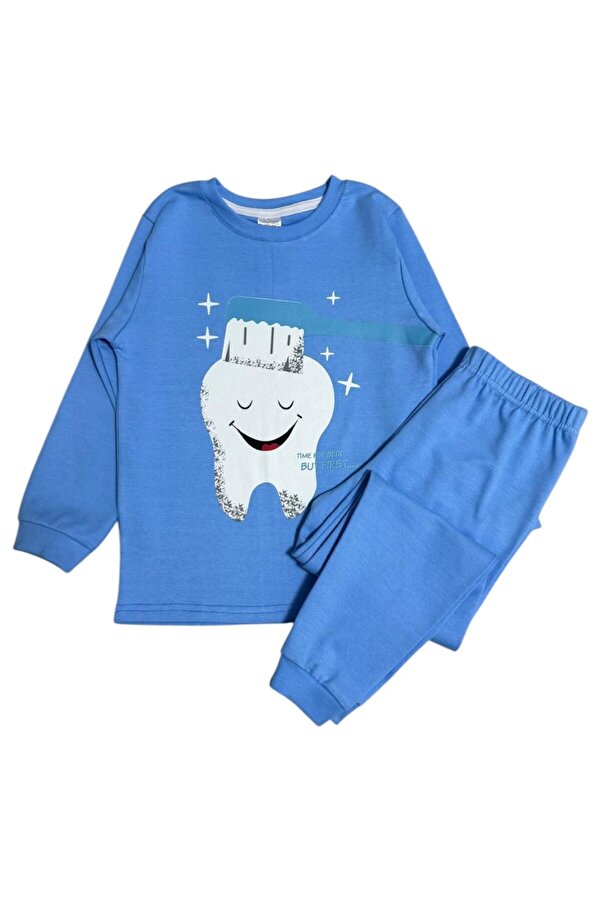 Fil Kids Erkek Çocuk %100 Pamuklu Mavi Renk Diş Ve Fırçası Desenli Uzun Kollu Kışlık İnterlok Pijama Takımı