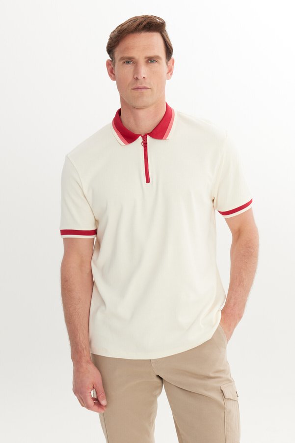 AC&Co / Altınyıldız Classics Men's Ecru Claret Red Regular Fit Relaxed Cut Polo Neck 100% Cotton T-Shirt
