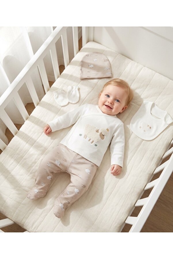 Miniday Baby 5’li Yenidoğan Bebek Hastane Çıkışı Seti Kuzu Baskılı Kız - Erkek % 100 Pamuklu Unisex Basıc